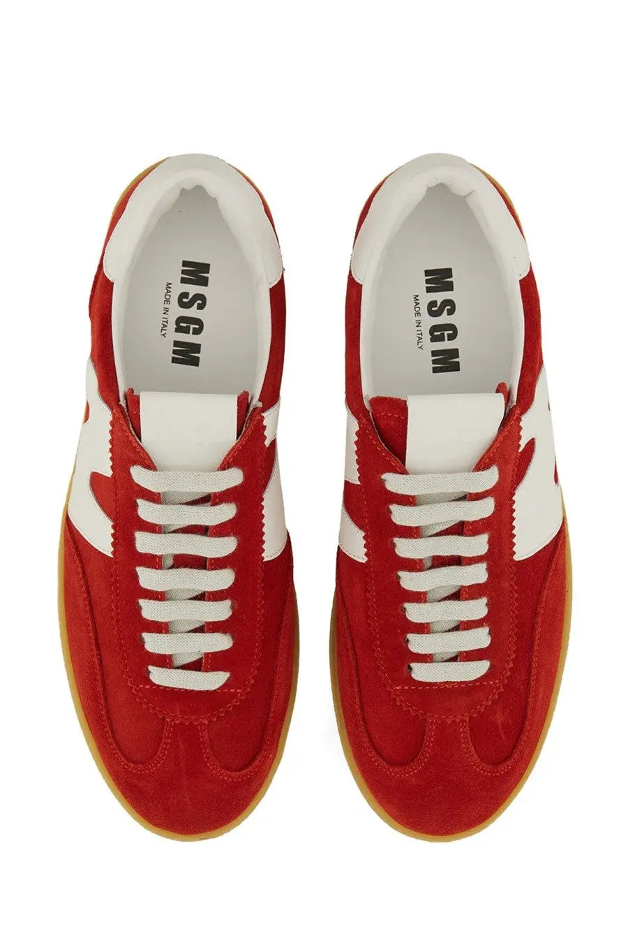 Msgm women’s retro sneaker red with red suede and white leather upper and gum rubber sole for casual wear