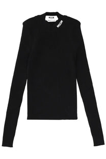 Black ribbed knit sweater with msgm branding on collar and shoulder for women