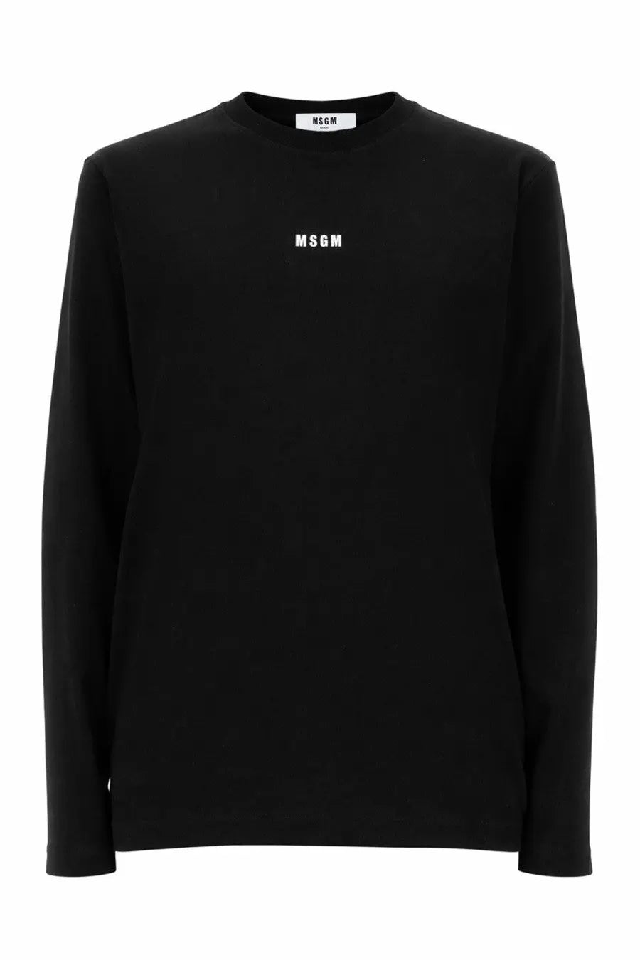 Msgm women’s black long-sleeved crewneck sweatshirt with white embroidered logo and matching brand tag at neckline