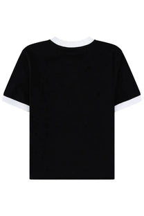 MsGM women’s black short-sleeved shirt with white ribbed trim at neckline and sleeve cuffs