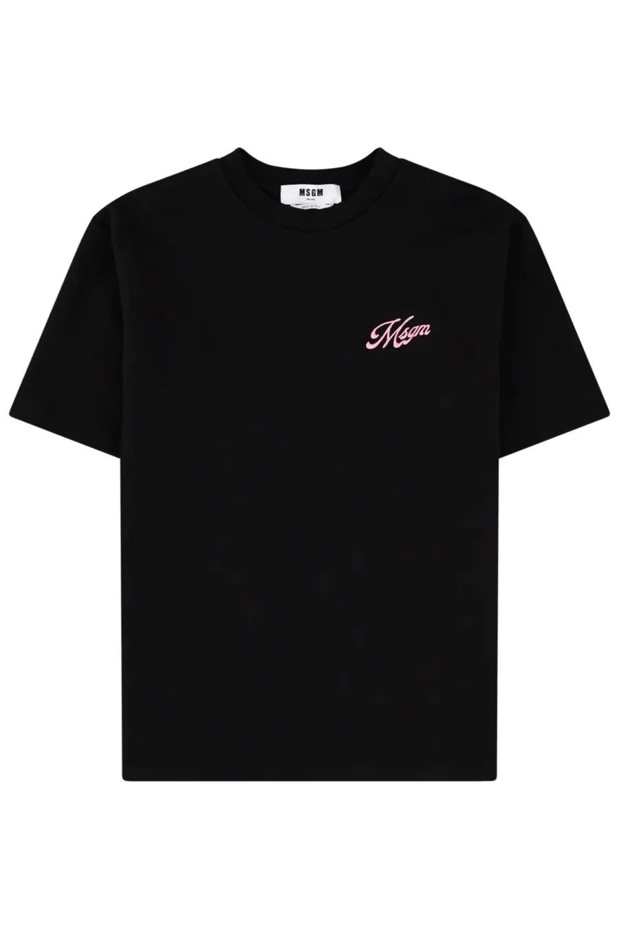 Black msgm women’s t-shirt with pink embroidered logo on chest in lightweight cotton fabric