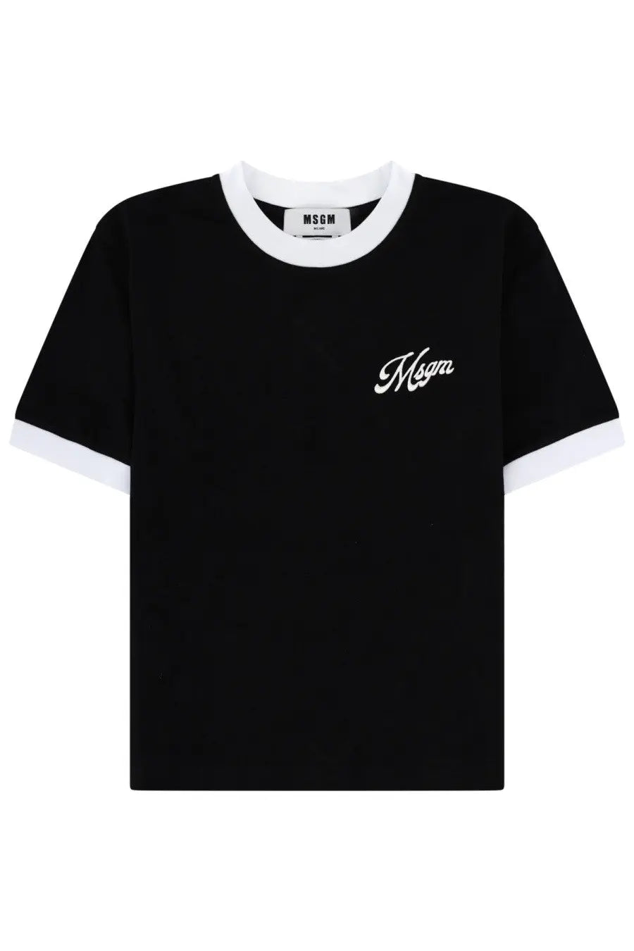 Black msgm women’s t-shirt with white ribbed crew neck and cuffs featuring a white embroidered magna logo