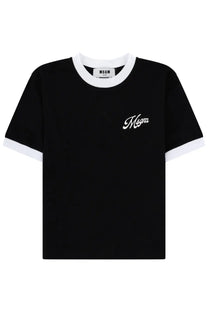 Black msgm women’s t-shirt with white ribbed crew neck and cuffs featuring a white embroidered magna logo