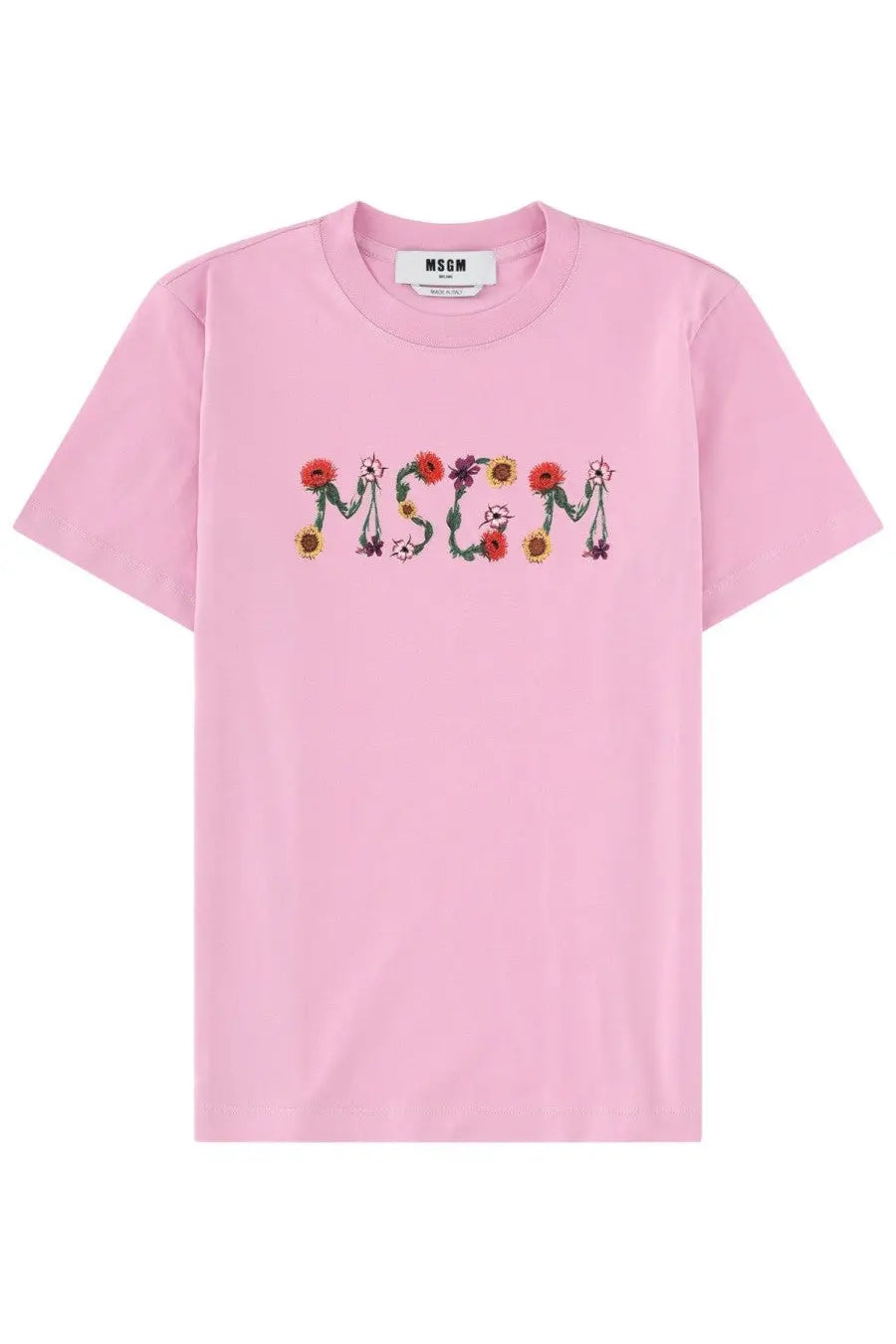 Pink MSGM women’s t-shirt with colorful floral embroidered logo across chest in con blue product line
