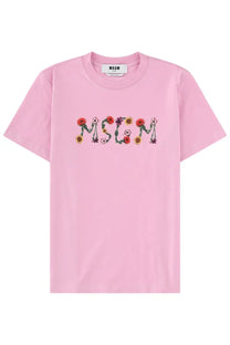 Pink MSGM women’s t-shirt with colorful floral embroidered logo across chest in con blue product line