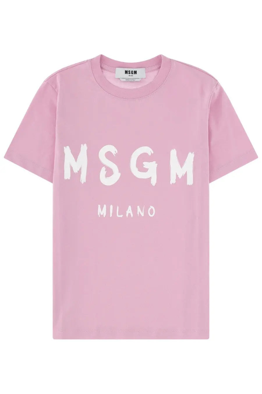 A soft pink msgm womens t shirt with bold white brushstroke lettering across the chest from the con blue collection