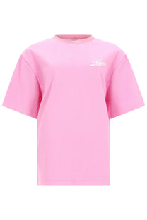 Msgm women’s soft pink oversized crewneck t-shirt with subtle white cursive logo on left chest