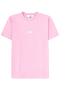 A soft pink msgm women’s t-shirt with minimalist white embroidered logo and matching brand tag at the neckline