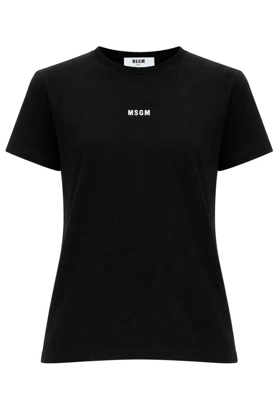 Black msgm women’s t-shirt con micro black with minimalist white logo on chest and matching brand tag at neckline