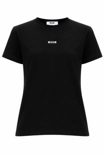 Black msgm women’s t-shirt con micro with minimalist white logo on chest and matching brand tag at neckline