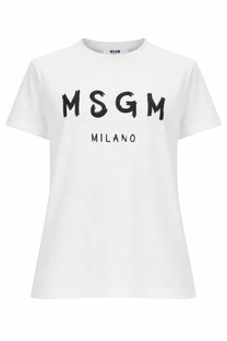 White msgm women’s t-shirt featuring bold black brushstroke lettering across the chest for casual wear