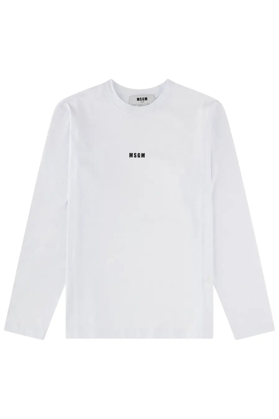 White long-sleeved MSGM women shirt con white with black logo printed on the chest and tag