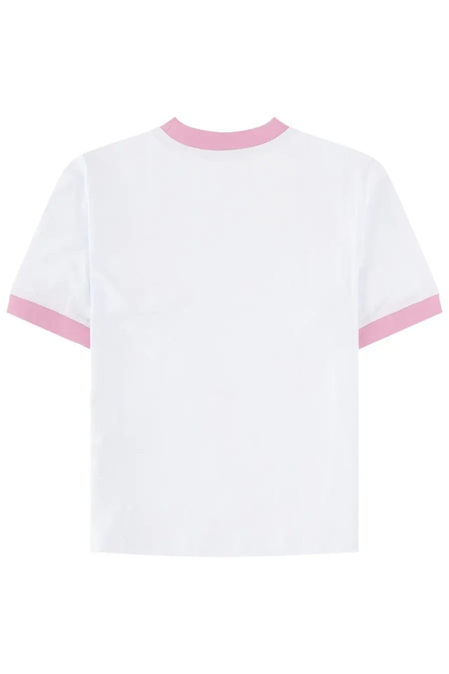 Msgm women’s white shirt con white short-sleeved t-shirt with pink ribbed trim at collar and sleeve cuffs