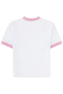 Msgm women’s white shirt con white short-sleeved t-shirt with pink ribbed trim at collar and sleeve cuffs