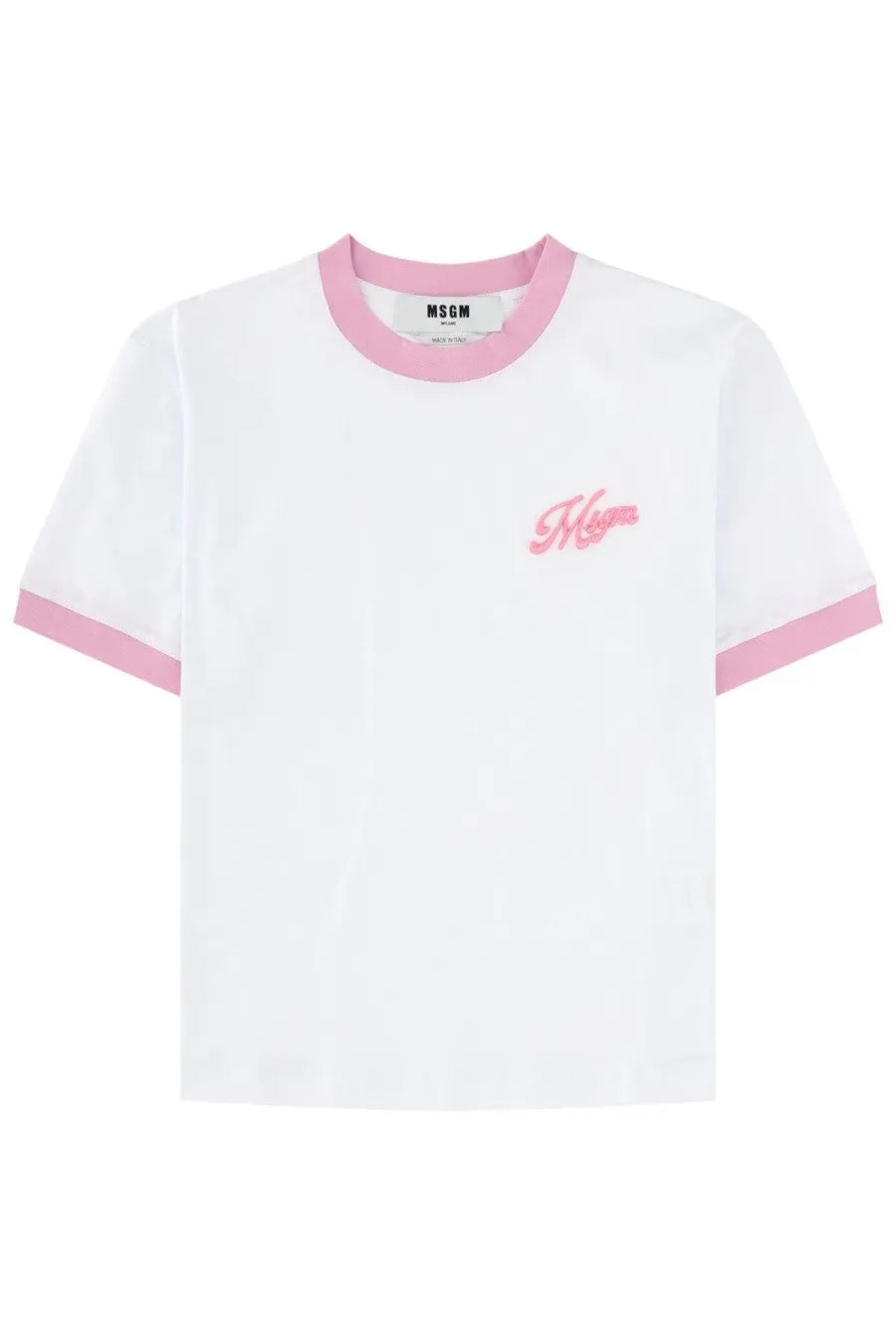 White msgm women’s t-shirt with pink ribbed collar and cuffs featuring a small embroidered myra logo