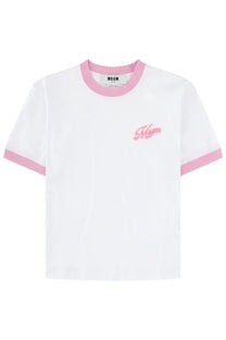 White msgm women’s t-shirt with pink ribbed collar and cuffs featuring a small embroidered myra logo