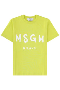 A bright neon yellow msgm women’s t-shirt with a bold white brushstroke logo across the chest