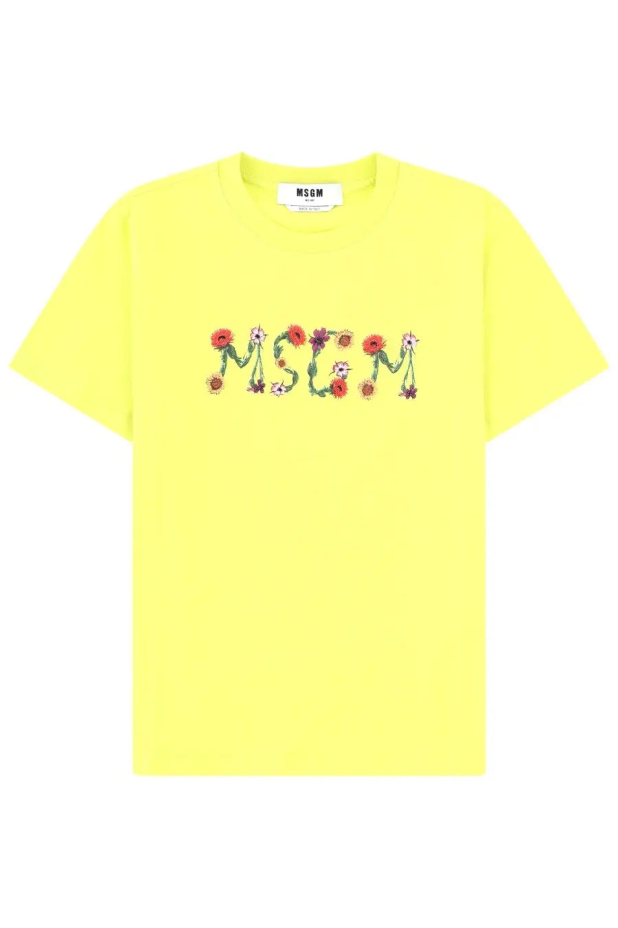 Bright yellow MSGM women’s t-shirt with embroidered colorful flowers and green stems on the front