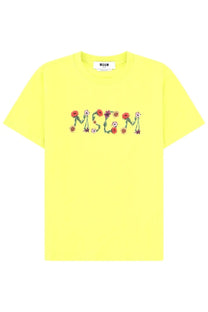 Bright yellow MSGM women’s t-shirt with embroidered colorful flowers and green stems on the front