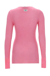 Msgm women’s viscosa blue shirt featuring a pink ribbed long-sleeved top with a small white label at the neckline