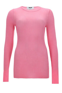 Msgm women’s soft pink ribbed long sleeve shirt in viscosa with round neckline and brand label at the collar