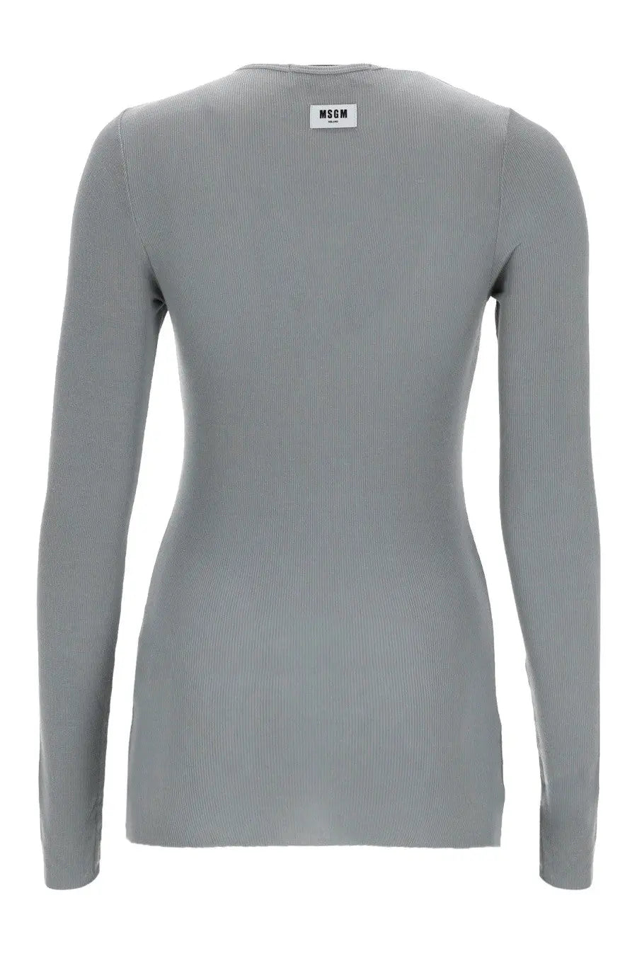 Msgm women’s long-sleeve ribbed top in viscosa grey with minimalist design and brand label at the neckline