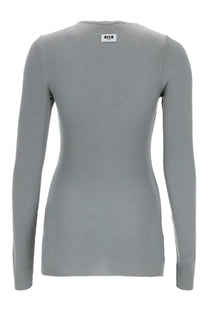 Msgm women’s long-sleeve ribbed top in viscosa grey with minimalist design and brand label at the neckline