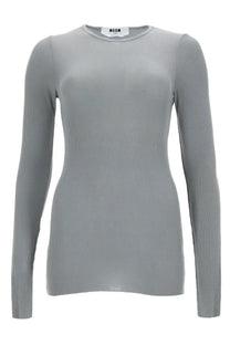 Msgm women’s shirt in viscosa grey featuring a sleek light gray ribbed knit long sleeve top with round neckline and shoulder seams