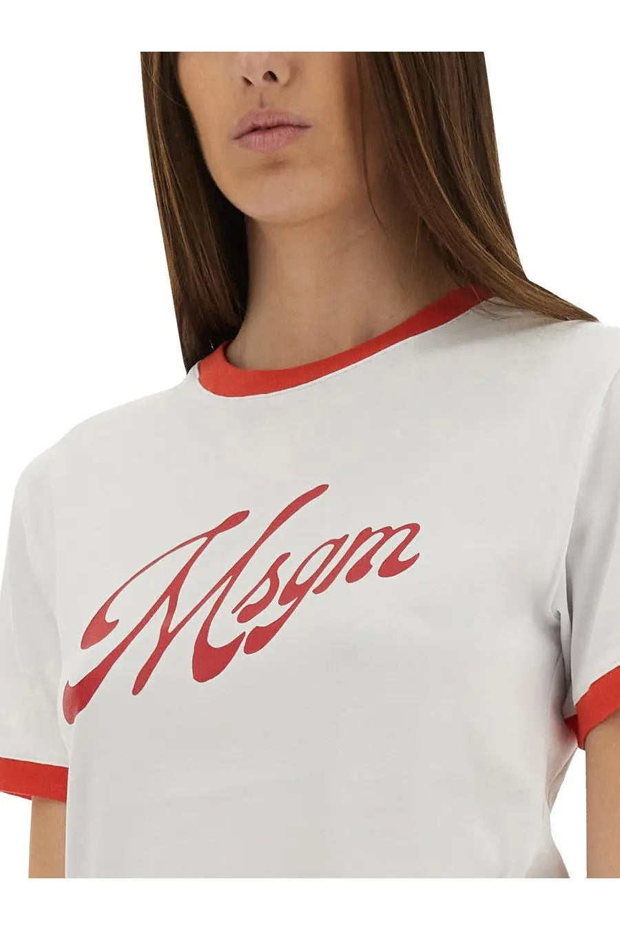 Msgm women’s white cotton t-shirt with red ringer trim and bold cursive logo across the chest