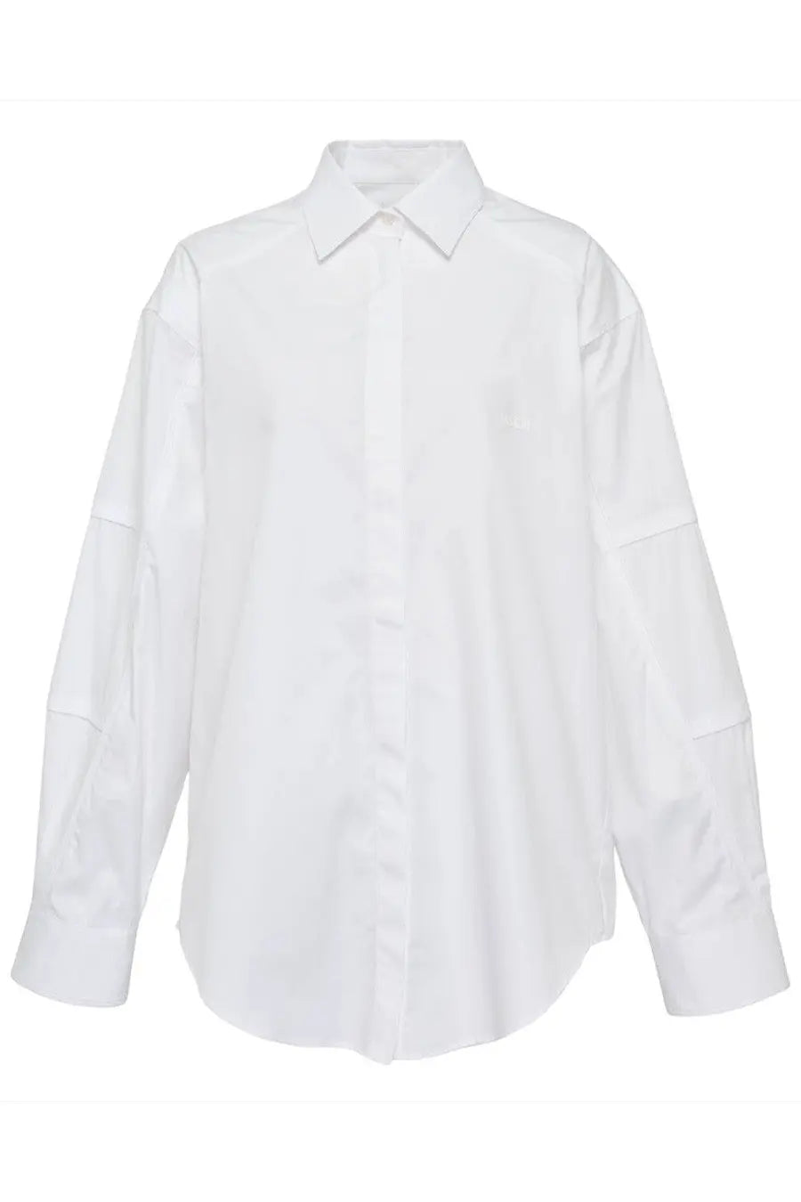 Msgm women’s white long-sleeved button-up shirt with classic collar and subtle patch pockets on sleeves