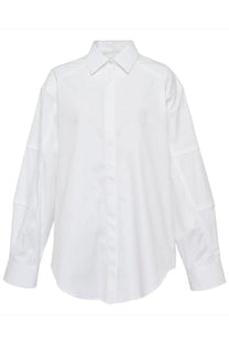 Msgm women’s white long-sleeved button-up shirt with classic collar and subtle patch pockets on sleeves