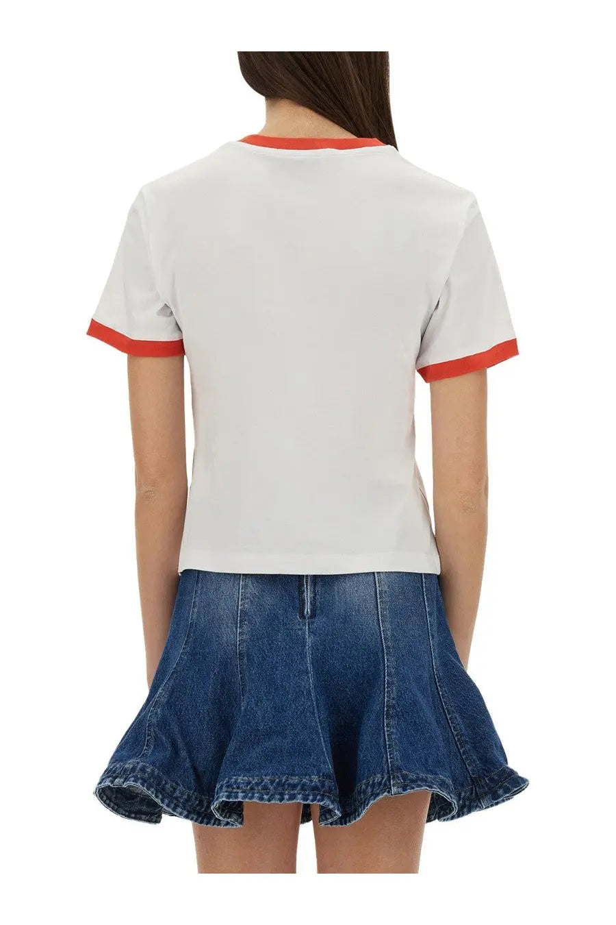 White ringer tee by MSGM women featuring orange trim on collar and sleeve cuffs in soft breathable fabric