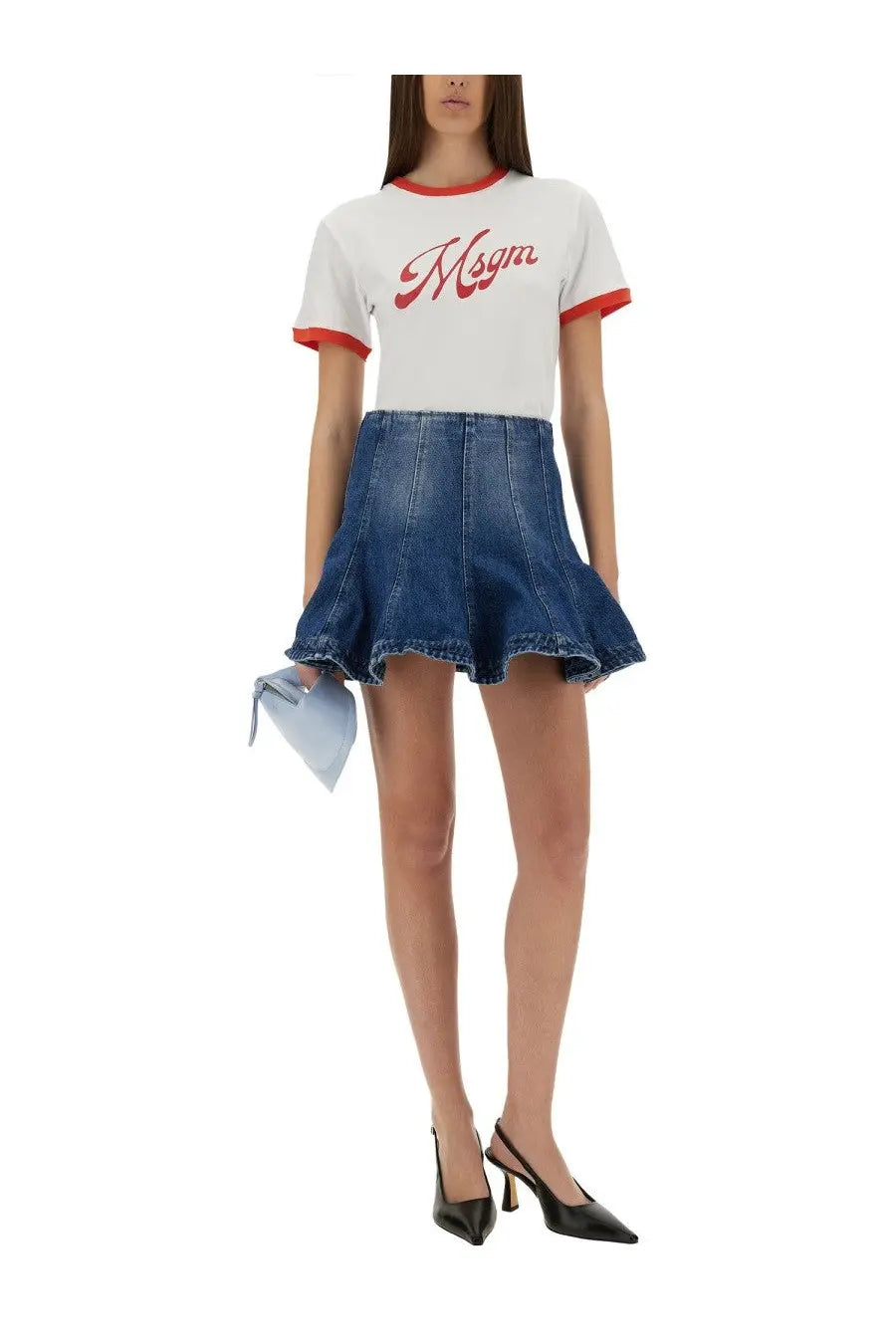 Msgm women’s white shirt featuring a stylish white ringer tee with red trim and msgm logo in cursive script