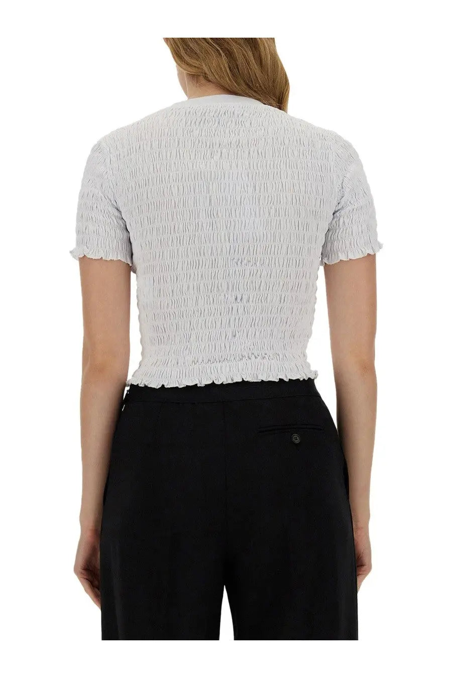 Msgm women’s white smocked short-sleeved crop top with ruffled hem and textured fabric