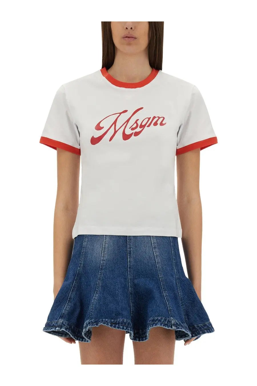 Msgm women’s white t-shirt with red cuffed sleeves and collar featuring a bold red script logo across the chest