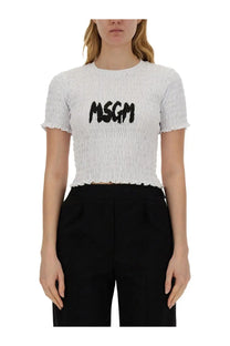 White textured cropped shirt with black msgm logo embroidery for women in a casual style