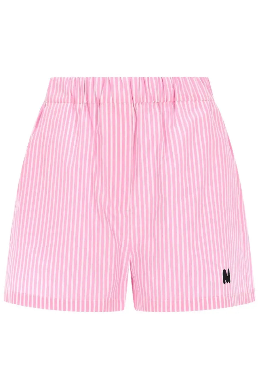 Msgm women’s pink and white vertically striped shorts with black embroidered logo on lower right leg