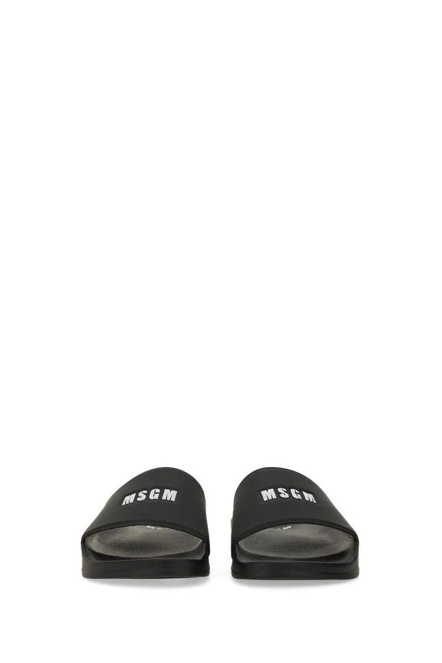 Black msgm women’s slide sandal featuring white logo branding on the strap for casual wear