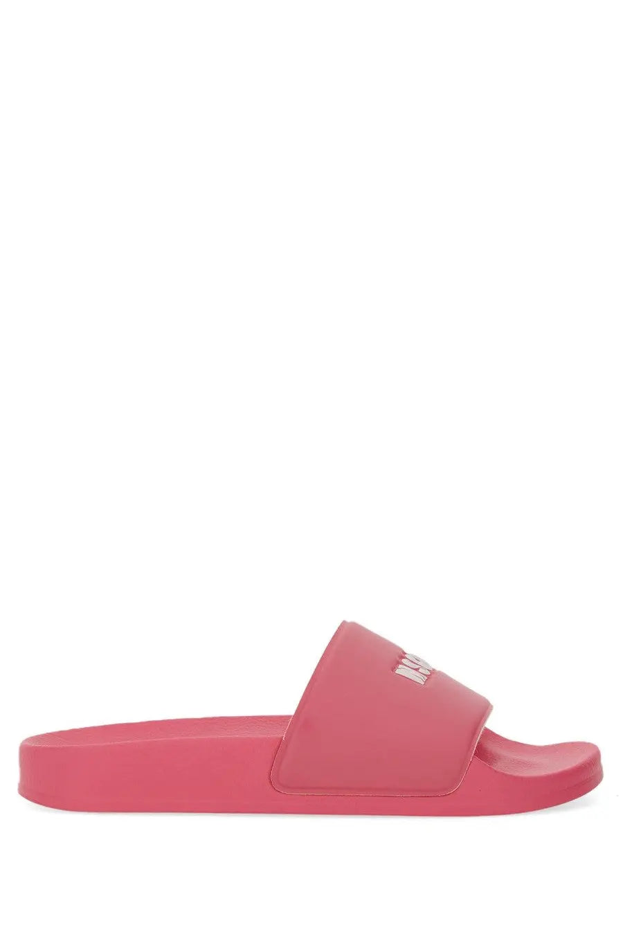 Msgm women’s pink rubber slide sandal with white logo on the strap for casual wear