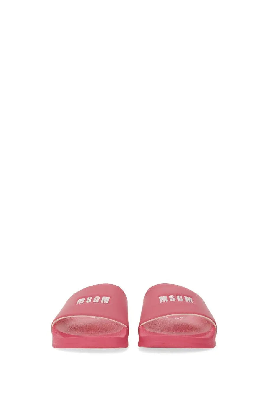 Msgm women’s slide sandal pink with white logo branding on pink synthetic material upper strap