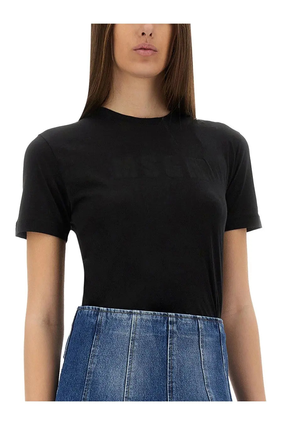 Msgm women’s slim fit black short-sleeved t-shirt with subtle embossed logo across the chest in soft fabric