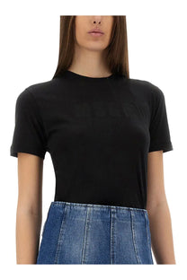 Msgm women’s slim fit black short-sleeved t-shirt with subtle embossed logo across the chest in soft fabric