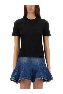 Msgm women’s slim fit black short-sleeved t-shirt with subtle chest logo made from soft cotton material