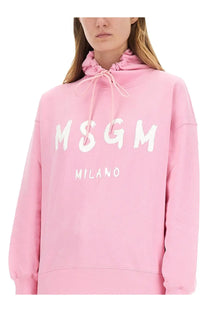 Pink MSGM Milano hoodie with drawstring hood and white lettering featured as MSGM women’s sweatshirt blue product
