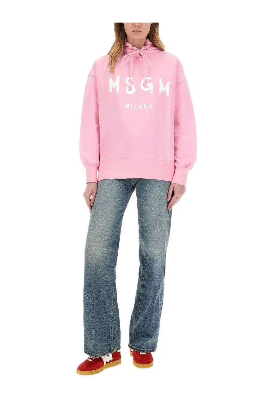 Pink MSGM Milano hoodie with white lettering and drawstring hood featured in MSGM Women’s Sweatshirt Blue product