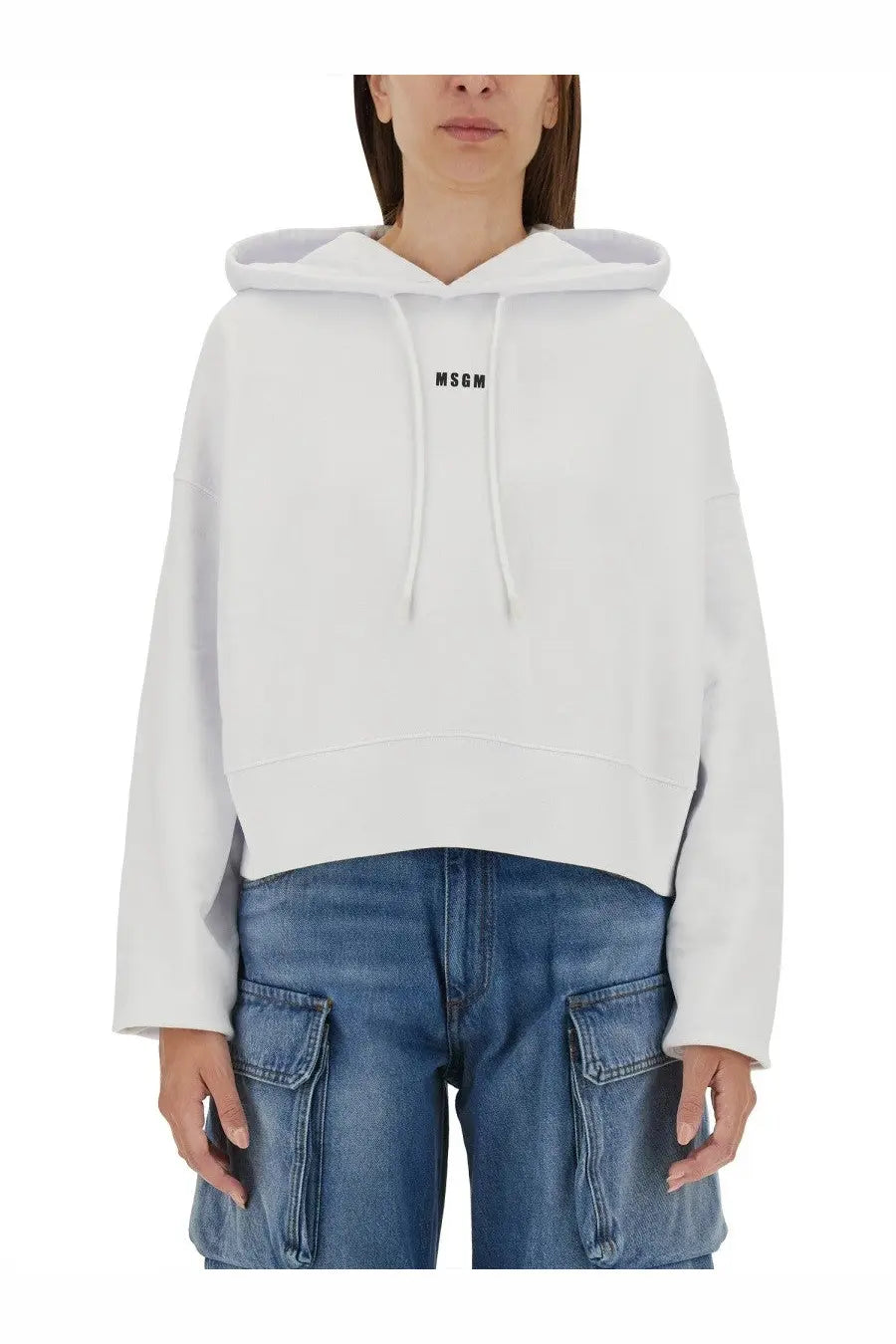 White cropped hoodie with black msgm logo on the chest from msgm women’s sweatshirt white collection