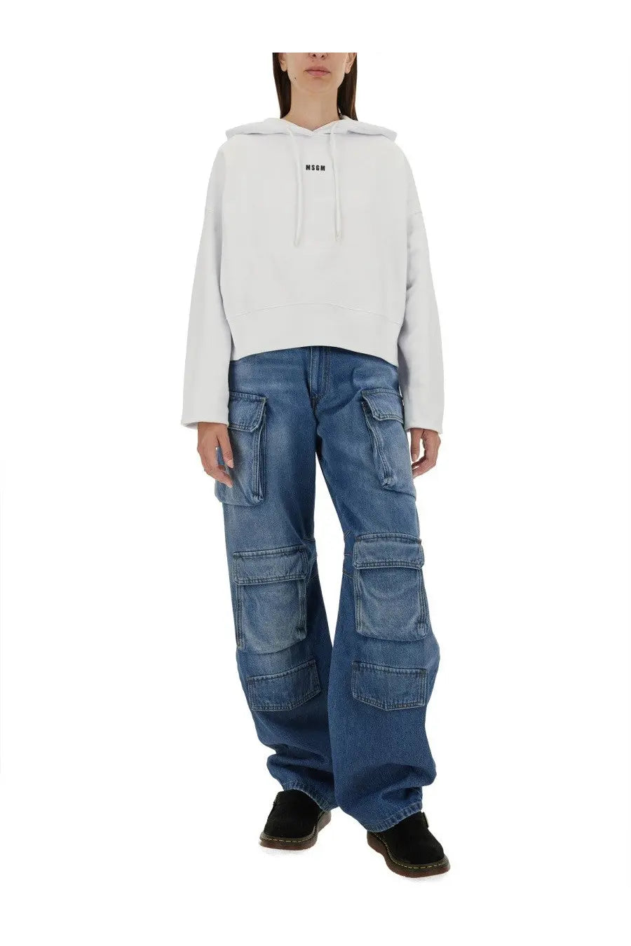White cropped hoodie with black mcm logo on chest from msgm womens sweatshirt collection