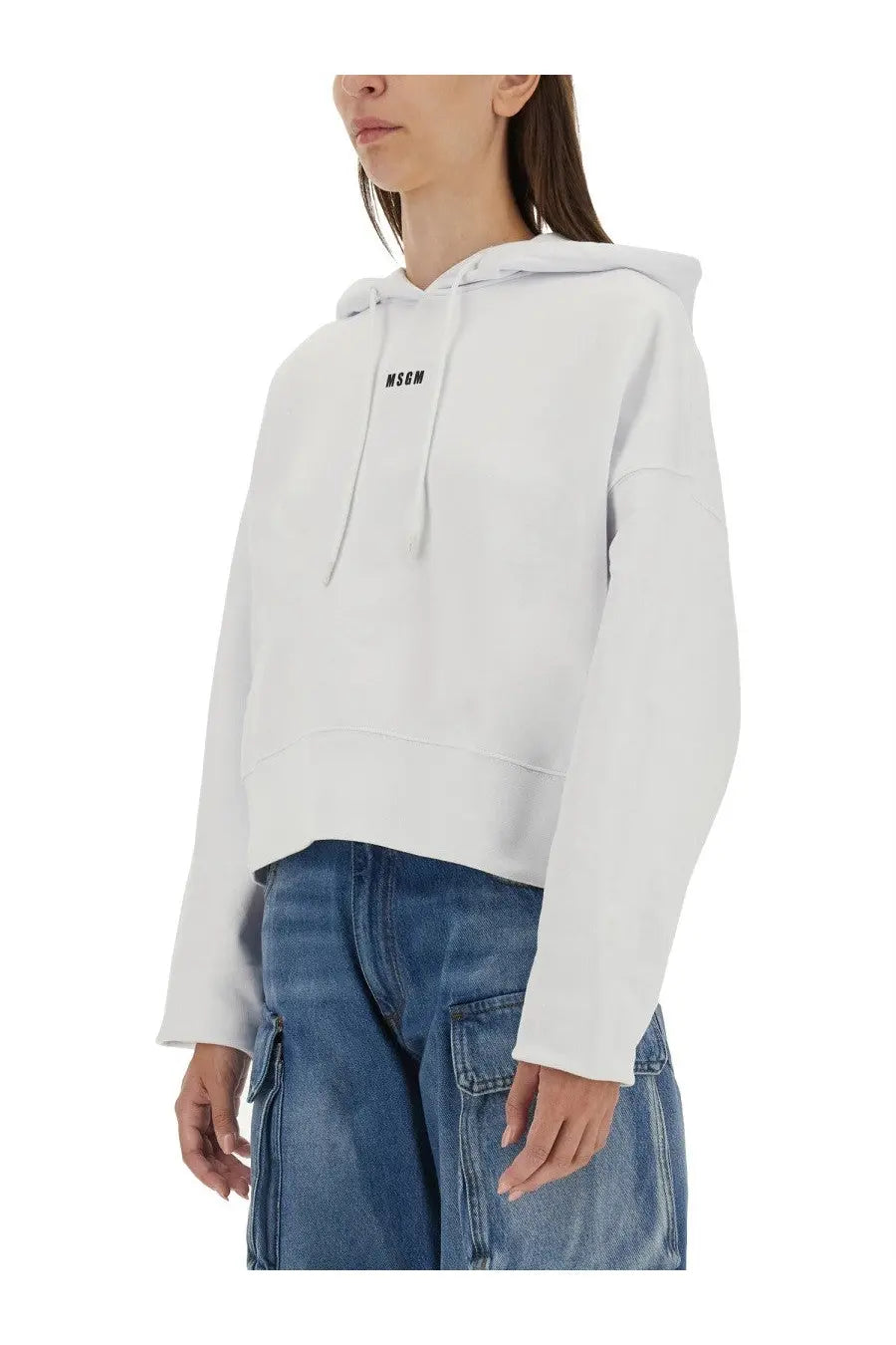 White cropped hoodie with black mschf logo on the chest from MSGM women’s sweatshirt collection