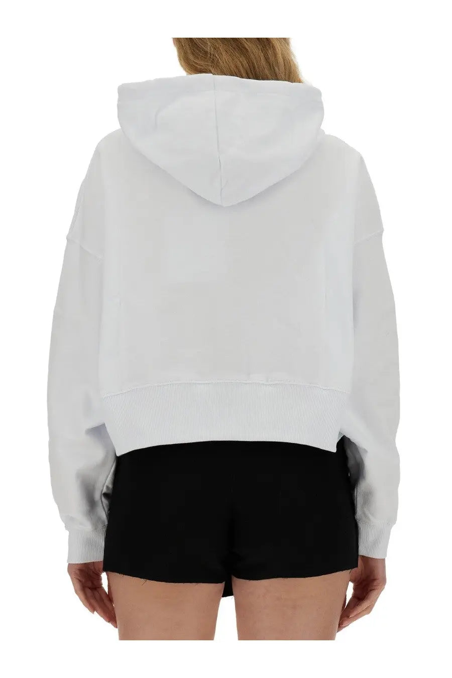 Msgm women’s white cropped hoodie with ribbed cuffs and hem featuring a relaxed fit and soft fabric