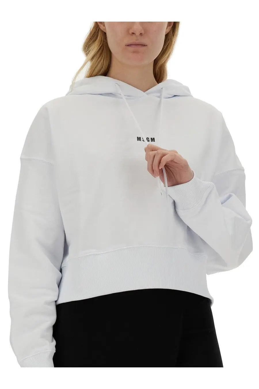 Msgm women’s white cropped hoodie with subtle black mcm logo on chest and matching drawstrings for casual wear